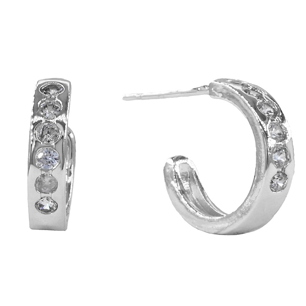 Madeline Love Rhodium White Gold Dipped Round CZ Channer Mini Open Hoop Earrings - Hair Accessories - desc