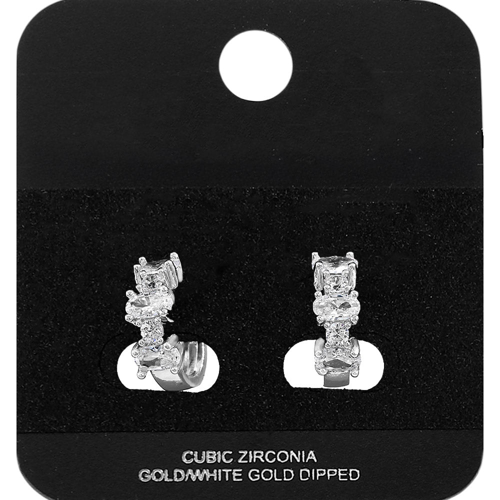 Madeline Love Rhodium White Gold Dipped Oval Round CZ Cluster Around Mini Open Hoop Earrings - Jewelry