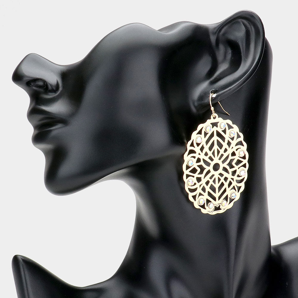 Madeline Love Gold Stone Embellished Brass Metal Patterned Oval Dangle Earrings - Jewelry