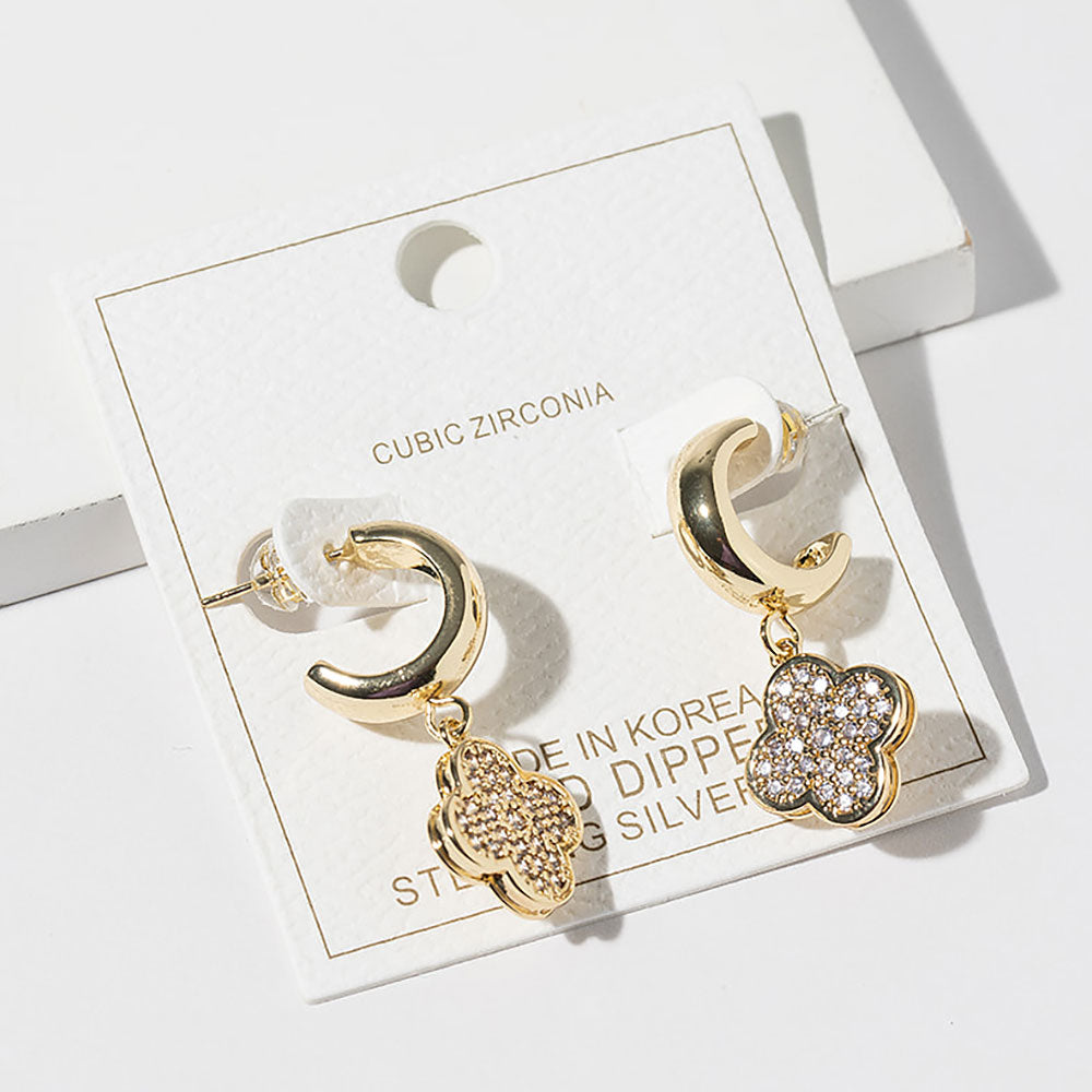 Madeline Love Clear, Gold Gold Dipped CZ Stone Paved Quatrefoil Drop Dangle Mini Hoop Earrings - Hair Accessories - desc