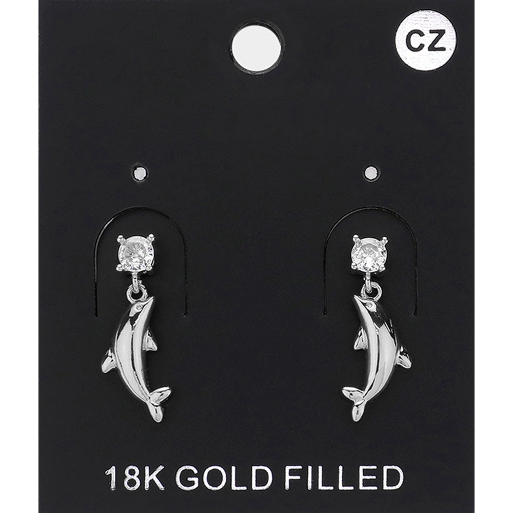 Clear, Rhodium CZ Stone Pointed Metal Dolphin Dangle Earrings