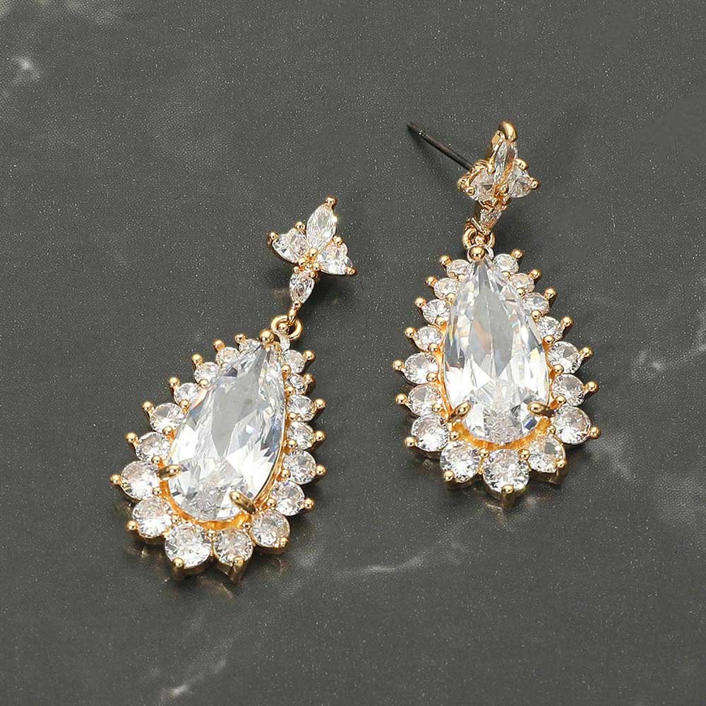 Madeline Love Clear, Gold Teardrop CZ Halo Drop Evening Earrings