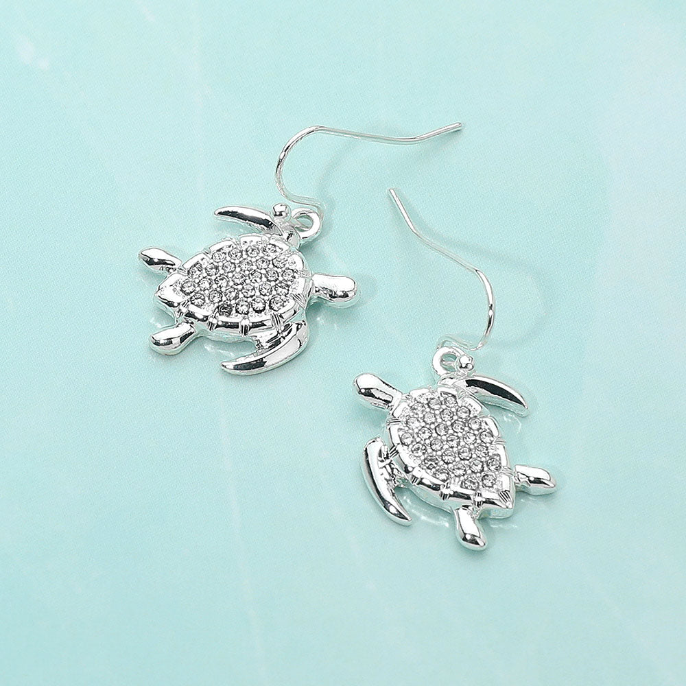 Madeline Love Clear, Silver Stone Paved Sea Turtle Dangle Earrings - Jewelry