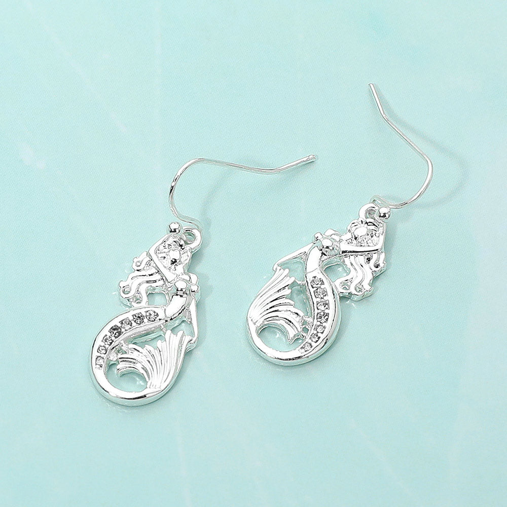 Madeline Love Clear, Silver Stone Paved Mermaid Dangle Earrings - Jewelry