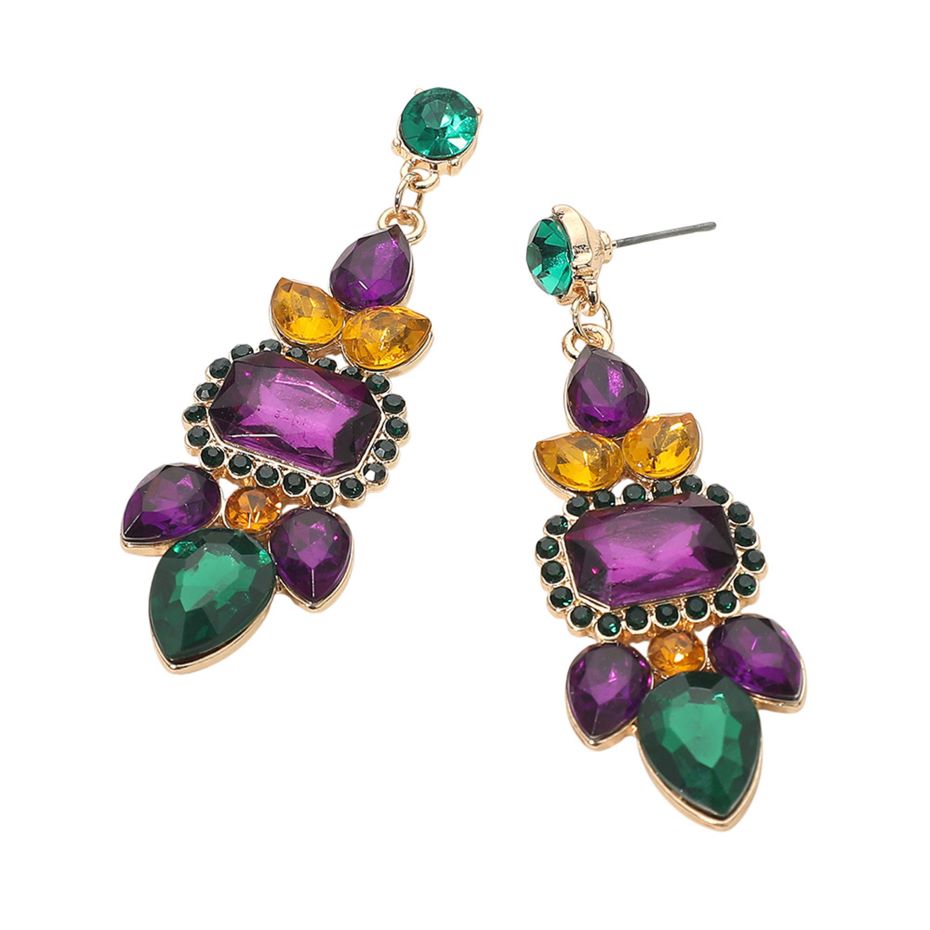 Gold Elegant statement drop earrings featuring a layered, faceted stone design inspired by floral and leaf shapes. Crafted to catch the light from every angle, these earrings add dramatic sophistication to evening looks, special occasions, and boutique collections seeking bold, standout accessories.