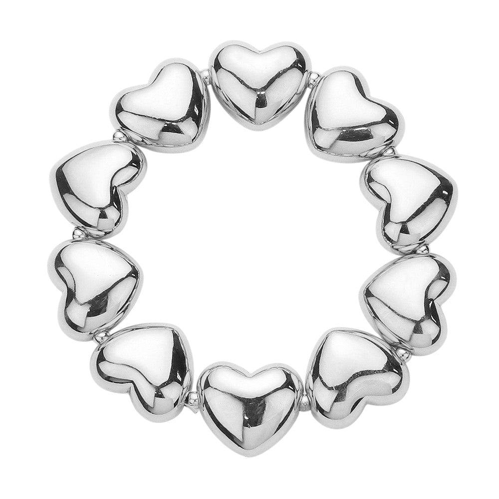Metal Heart Beaded Stretch Bracelet - Clear Silver - Bracelets