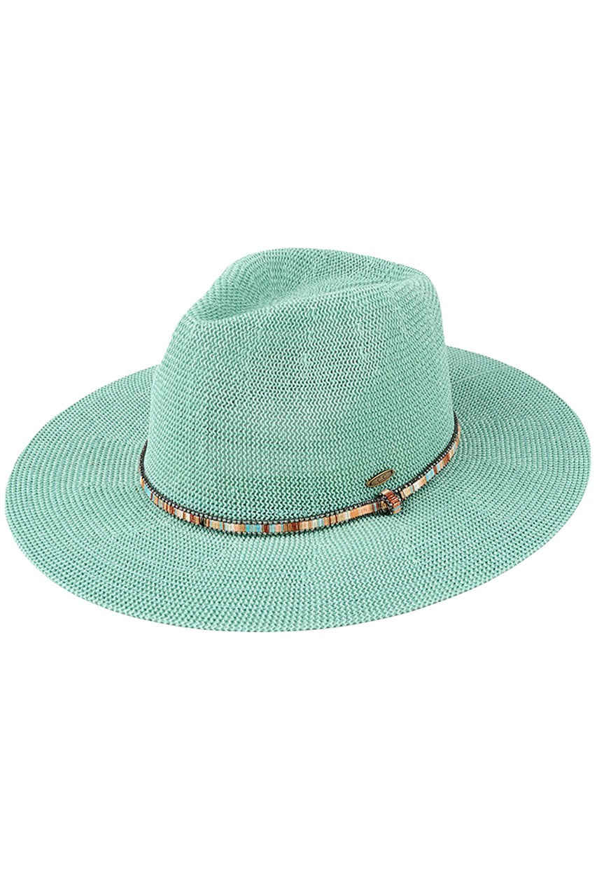 Mint C.C MULTI-THREAD RHINESTONE TRIM BAND PANAMA HAT is a must-have accessory for any fashion-forward individual. Crafted with multi-threaded material and adorned with stunning rhinestone trim, this hat adds a touch of elegance to any outfit. With its versatile design, it's perfect for any occasion and provides excellent sun protection.