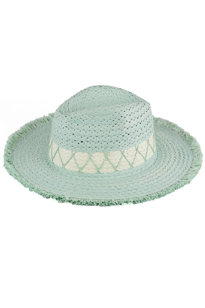 Mint Chevron Band Frayed Two Tone Straw Sun Hat designed two-tone straw sun hat showcases a sophisticated chevron band and artisanal frayed detailing. The contrasting tones create visual interest while the premium straw material offers superior UV protection without sacrificing ventilation. An essential accessory for the discerning individual seeking both sun protection and elevated warm-weather style.