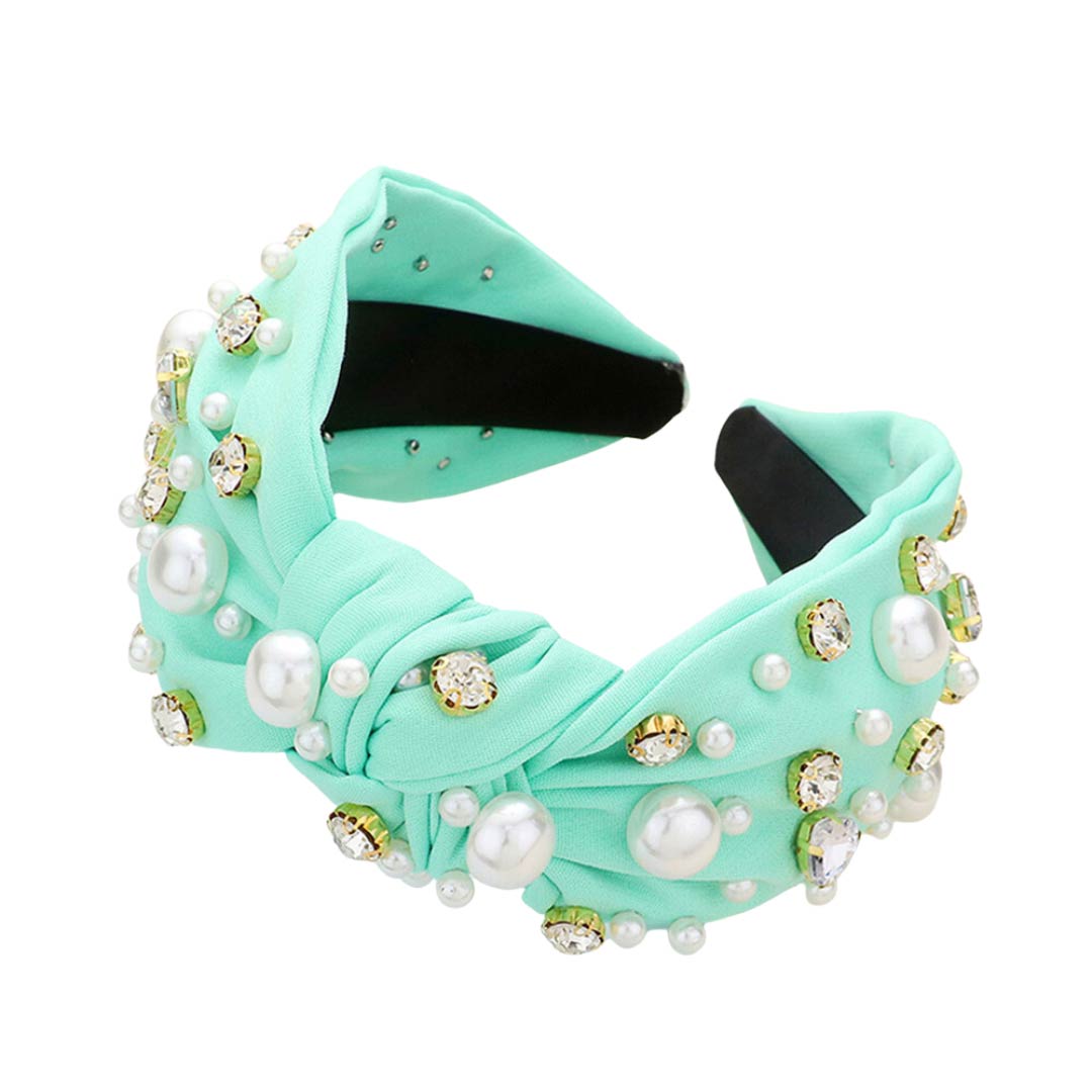 Mint Pearl Round Stone Embellished Knot Burnout Headband, create a natural & beautiful look while perfectly matching your color with the easy-to-use stone burnout headband. Push your hair back and spice up any plain outfit with this pearl round heart knot headband! Be the ultimate trendsetter & be prepared to receive compliments wearing this chic headband with all your stylish outfits!