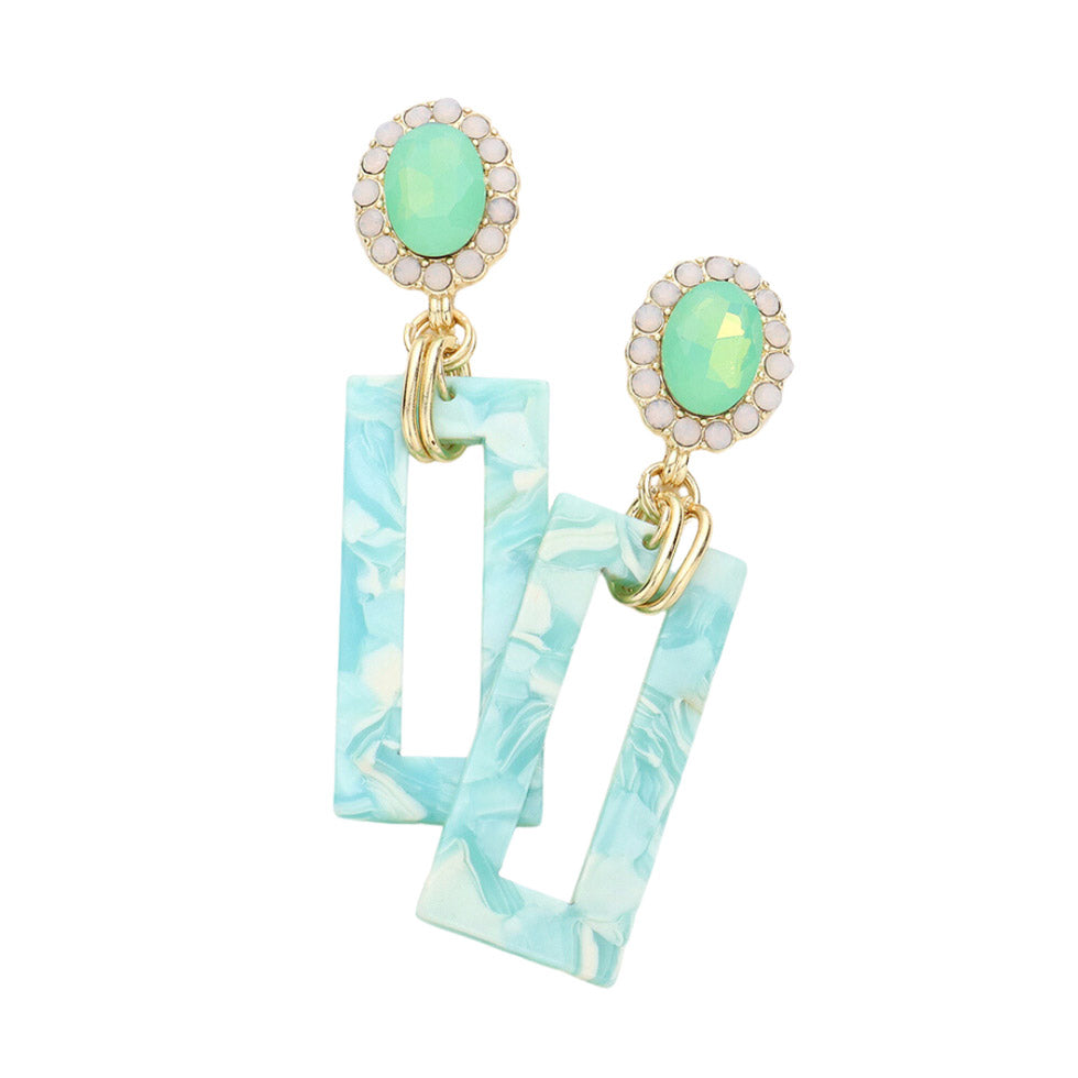 Tired of plain old earrings? Add some pizzazz to your look with these Mint Oval Stone Celluloid Acetate Open Rectangle Link Dangle Earrings! Embellished with rhinestones in open circles, these earrings are sure to sparkle. Perfect Birthday Gift, Anniversary Gift, Christmas Gift, Regalo Navidad, Regalo Cumpleanos