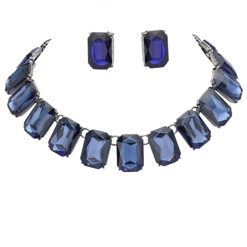Montana Emerald Cut Stone Link Evening Necklace Earring Set, This gorgeous jewelry set will show your class on any special occasion. The elegance of these stones goes unmatched, great for wearing at a party! stunning jewelry set will sparkle all night long making you shine like a diamond on special occasions.
