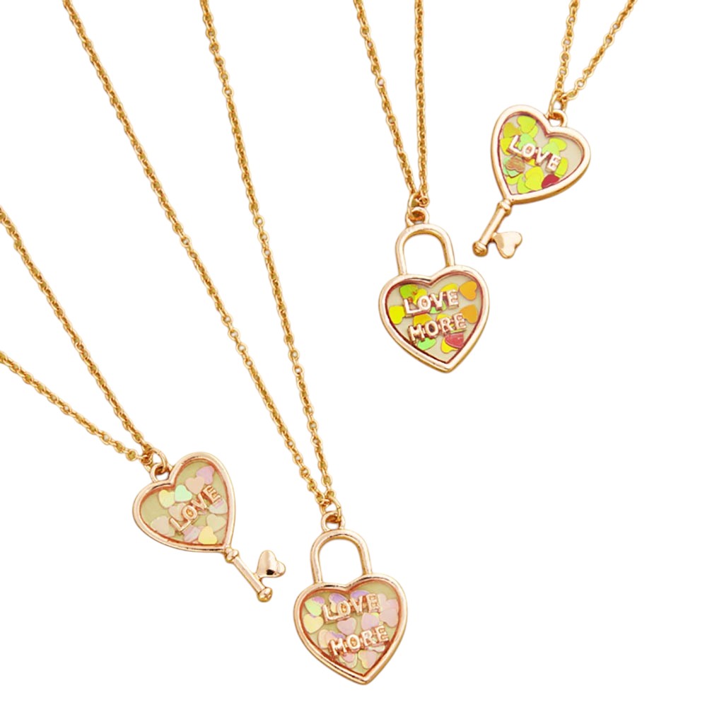 Multi 2-piece "Love & Love More" BFF heart lock and key necklace set is the perfect symbol of friendship. Made of high-quality materials, it is a special and meaningful gift for your best friend. Show your love and strengthen your bond with this beautiful jewelry set.