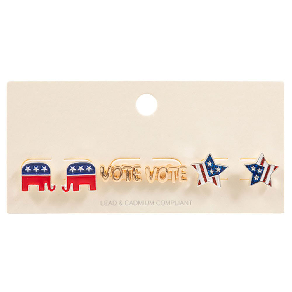 Multi-3 pairs of Republican Elephant Stud Earrings are perfect accessories for showing your political affiliation.With a classic design and secure backing, these earrings are a great way to add a subtle touch of patriotism to any outfit.This is the perfect gift for your friends and family-2