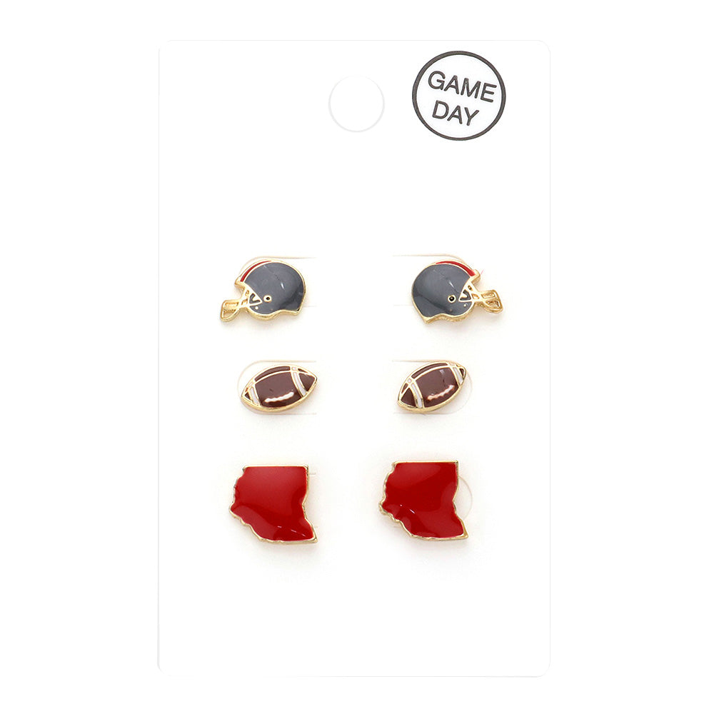 Multi 3Pairs Game Day Ohio Helmet Football State Map Stud Earrings, Show your team spirit. Crafted with quality materials, each set of stud earrings features a detailed Ohio State map design in an attractive football helmet shape. Guaranteed to add eye-catching style to any fan's ensemble. Ideal gift for sports lovers.