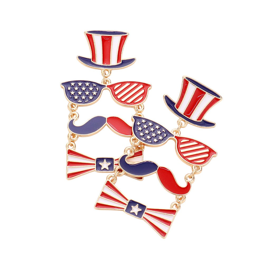 Multi American USA Flag Hat Sunglasses Moustache Bow Link Dangle Earrings will add a playful touch to your patriotic outfit. Made with high-quality materials, these earrings are not only stylish but also durable. Stand out from the crowd with these unique accessories.