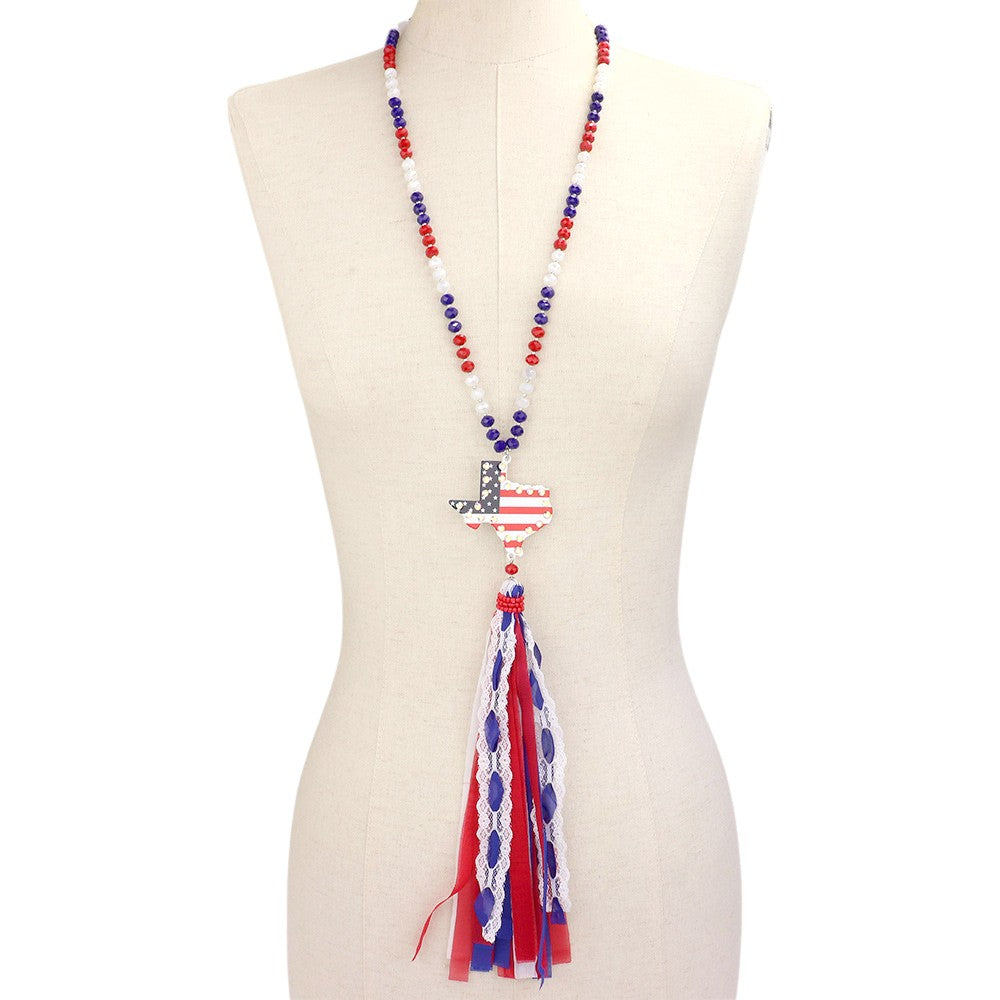 Multi American USA Flag Texas State Map Mesh Fabric Tassel Link Necklace is a perfect way to show off your state pride and patriotism. The intricate mesh fabric design and tassel link add a unique touch, while the American flag and Texas state map showcase your love for your country and home. This necklace is made with high-quality materials and a stylish and meaningful addition to your accessory collection.