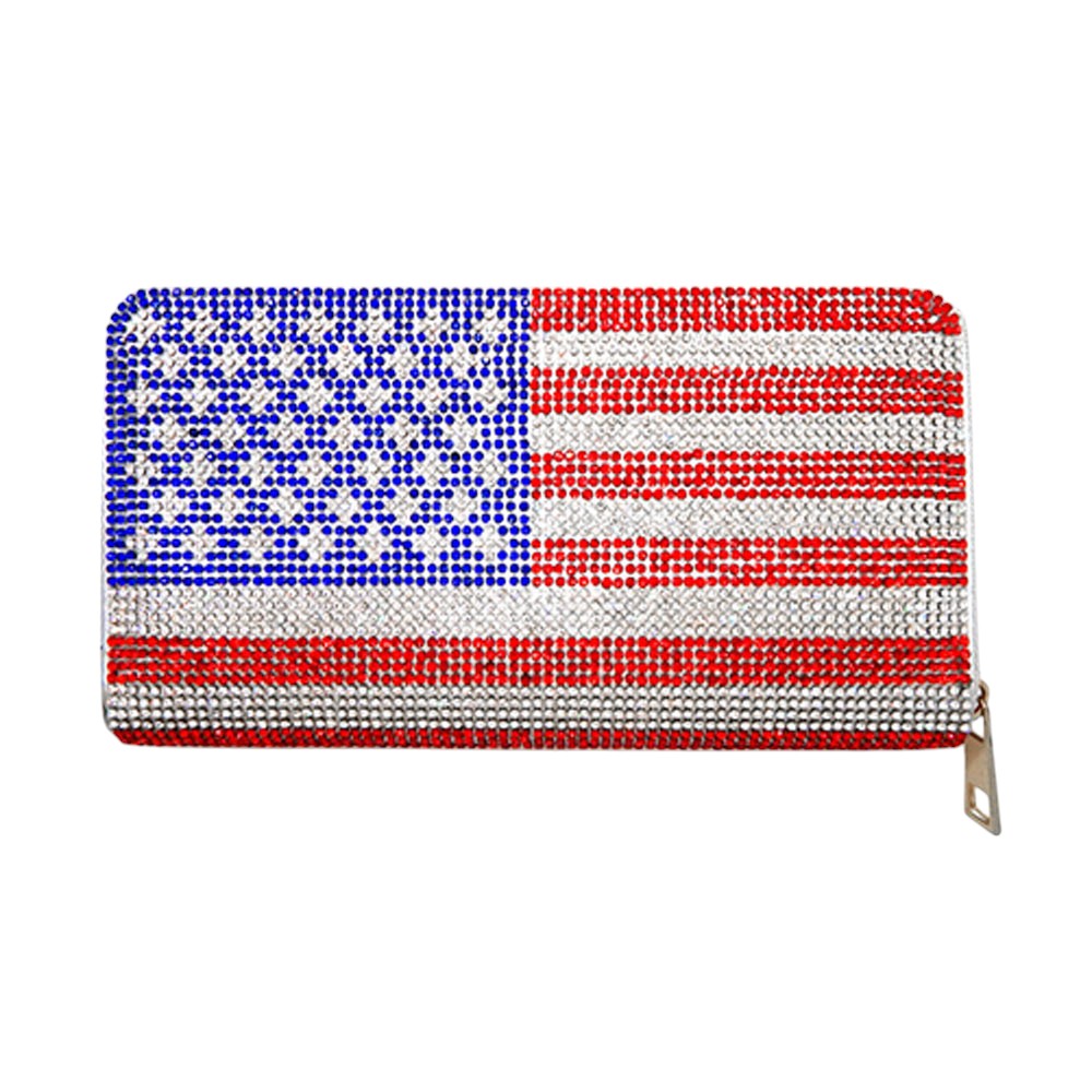 Multi Bling American USA Flag Zipper Wallet combines patriotic design with functional elegance. The wallet features a vibrant stars and stripes motif enhanced with decorative rhinestone accents for a distinctive sparkle. Constructed with premium materials, it offers multiple card slots, currency compartments, and a secure zipper closure. The compact profile fits comfortably in pockets or purses while providing ample storage for essential financial items and identification.