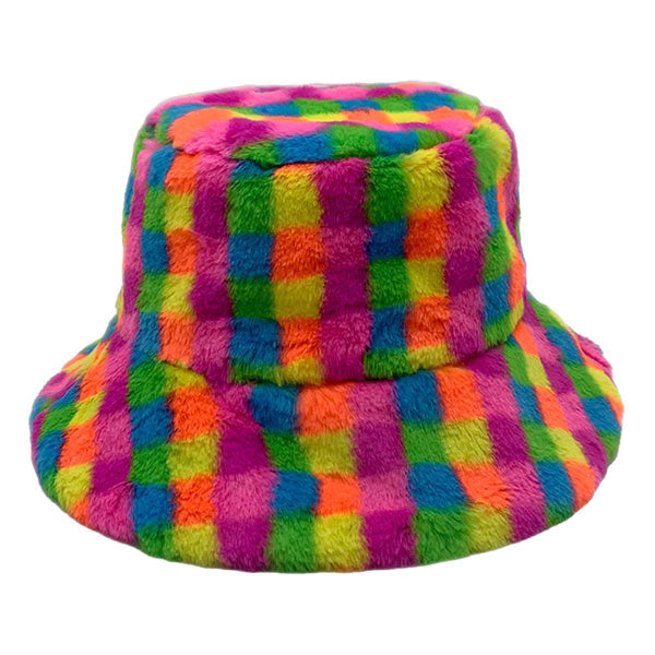 Checkered Faux Fur Bucket Hat - Multi - Bucket Hats