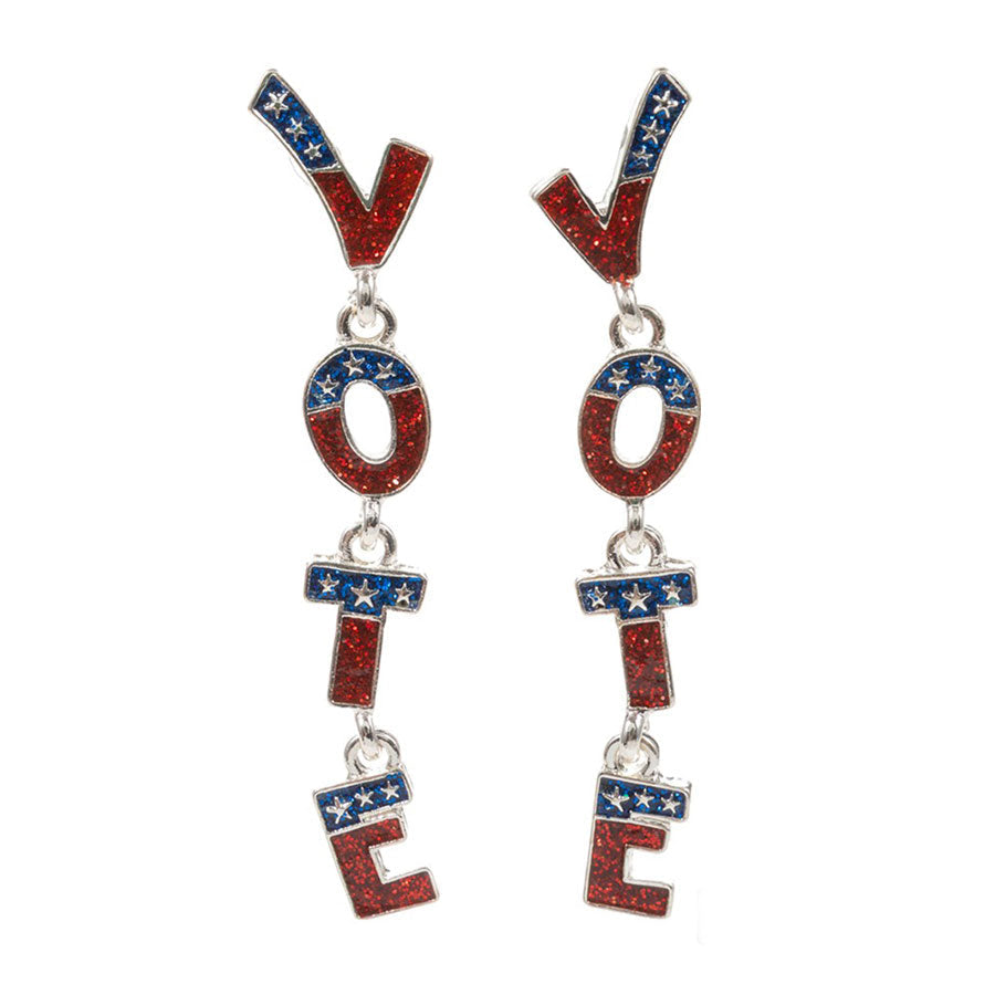 Multi-Enamel Glittered VOTE Message Link Dropdown Earrings, These earrings stylish way to show your support for democracy. Made with high-quality enamel and sparkling glitter, these earrings feature a VOTE message and a unique link-shaped design. An eye-catching accessory that makes a statement.-1