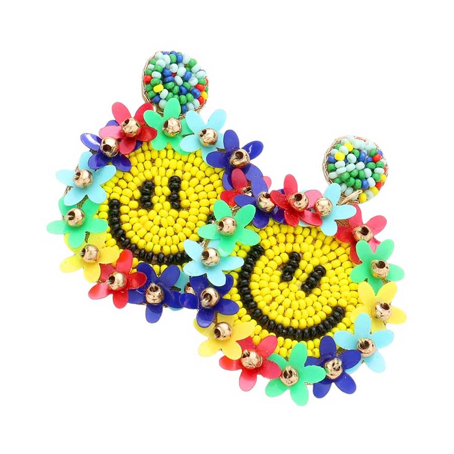 Multi Felt Back Floral Seed Beaded Smile Dangle Earrings add a unique touch to any outfit. Made with delicate seed beads, the floral design and charming smile dangles will surely make a statement. With a comfortable felt backing, these earrings are both stylish and comfortable to wear.