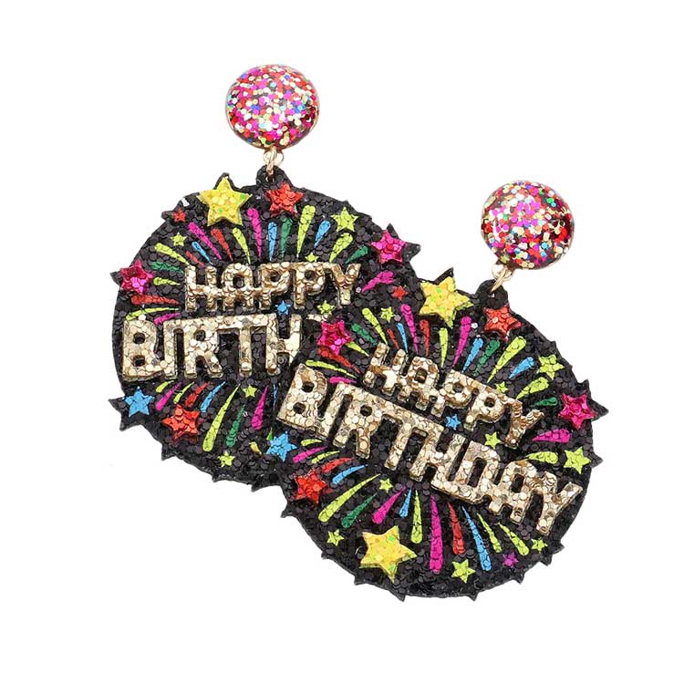 Multi Happy Birthday Glittered Star Firework Link Dangle Earrings, wear these beautiful message-themed earrings to get immediate compliments on your special day. Perfect for birthday parties. This unique earring is a fantastic gift for your friends, family, or loved ones to make their birthday special.