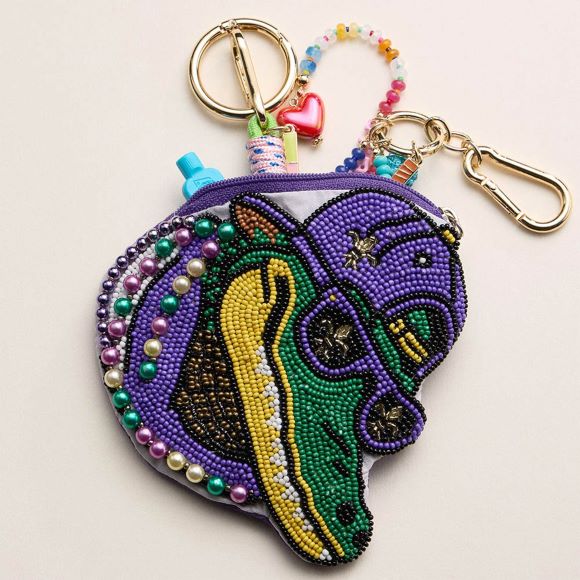 Multi Playful zipper pouch featuring a detailed alligator character design inspired by Mardi Gras festivities. Ideal for storing cosmetics, coins, or small essentials, this novelty pouch adds bold personality to seasonal displays, gift shops, party assortments, and festival-themed retail collections while offering practical everyday organization.