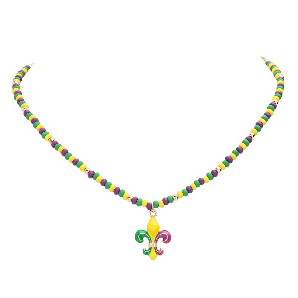 Multi Mardi Gras Fleur de Lis Pendant Wood Ball Necklace, Crafted with wood and a unique Fleur de Lis pendant, this piece will help you stand out from the crowd. A timeless classic, this necklace is sure to be an eye-catching accessory for celebrating Mardi Gras. Perfect for giving a nice festive gift to your loved ones.