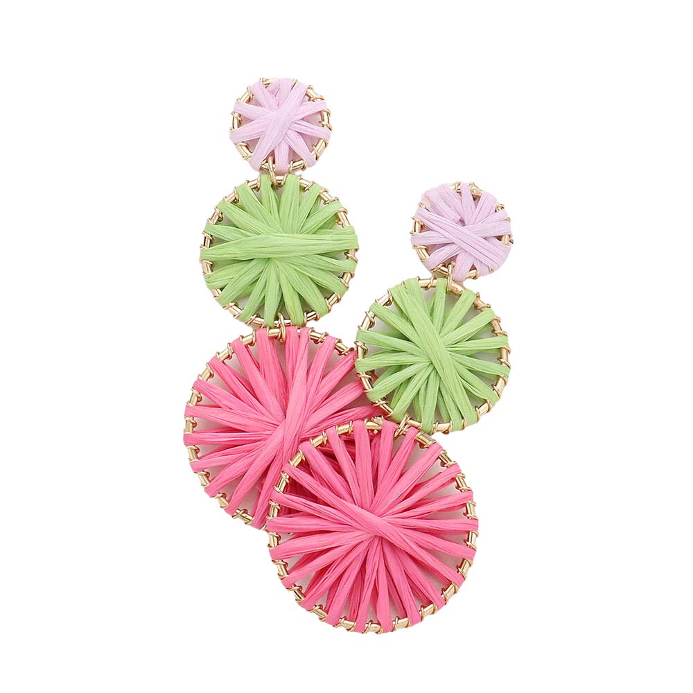 Multi Raffia Wrapped Triple Circle Link Dangle Earrings, turn your ears into a chic fashion statement with these triple circle link dangle earrings! The beautifully crafted design adds a gorgeous glow to any outfit. These beautifully unique designed earrings with beautiful colors are suitable as gifts for wives, girlfriends, lovers, friends, and mothers. An excellent choice for wearing at outings, parties, events, etc.