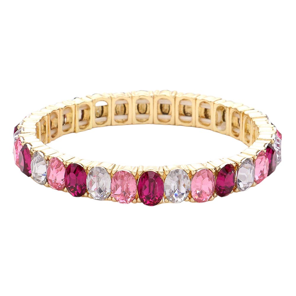Multi-Pink -Oval Stone Cluster Stretch Evening Bracelet is expertly crafted with a stretch design for easy and comfortable wear. With an elegant and sophisticated look, it features oval-shaped stones that create a dazzling and eye-catching cluster. This bracelet add a touch of glamour to their outfit.