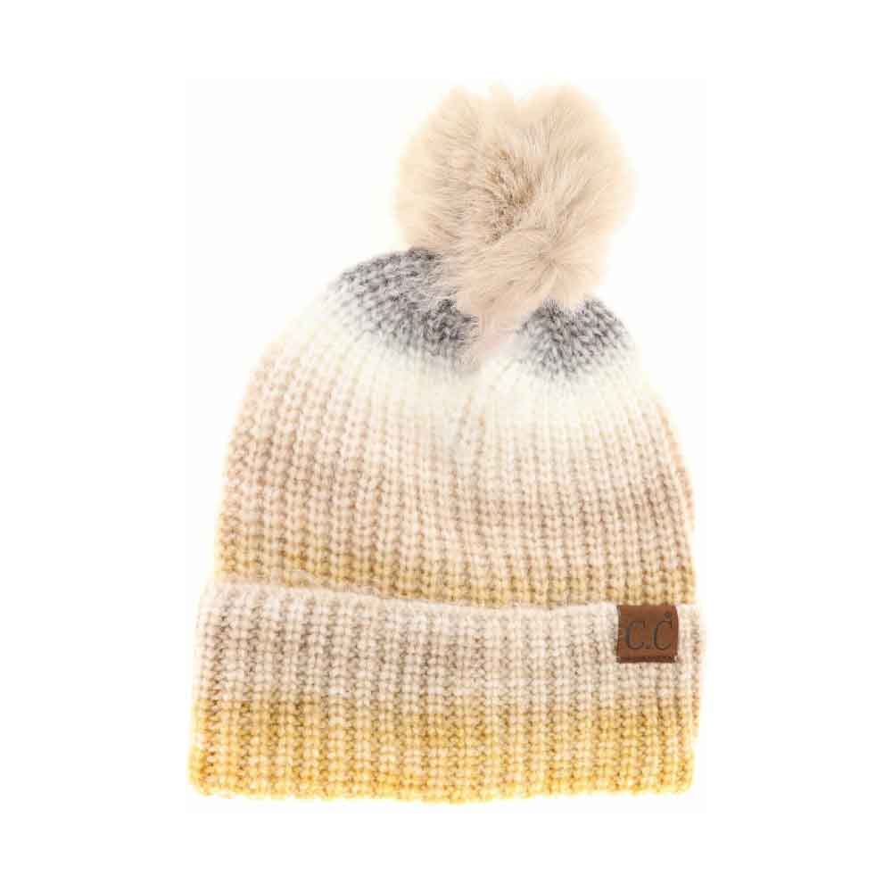 MustardMulti-C.C Multicolor Ombre Beanie with Soft Faux Color Fur Pom, wear it before running out the door into the cool air to keep yourself warm and toasty and look absolutely beautiful. You’ll want to reach for this toasty beanie to keep you incredibly warm everywhere and every occasion.