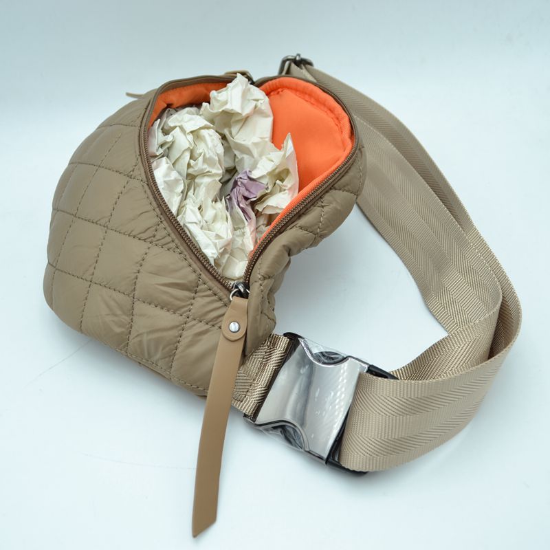 Quilted Puffer Belt Bag with Dual Zipper Pulls and Adjustable Strap - Olive - Belt Bag With Chain