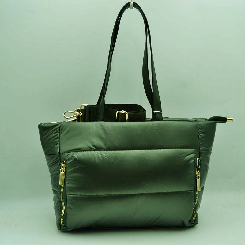 Padded Puffer Tote Bag with Multi-Strap Options and Gold Zippers - Olive - Tote Bag