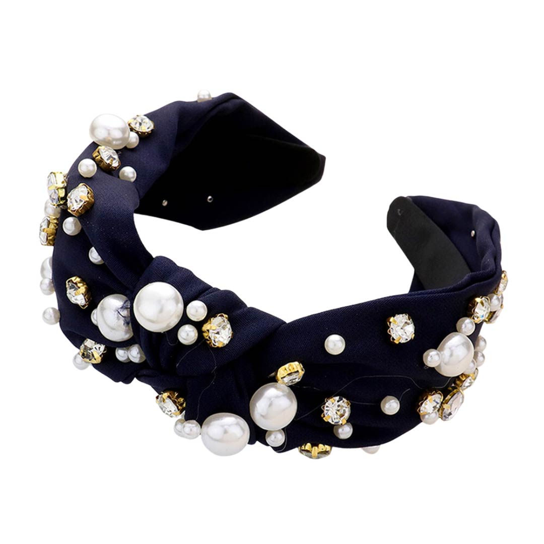 Navy Pearl Round Stone Embellished Knot Burnout Headband, create a natural & beautiful look while perfectly matching your color with the easy-to-use stone burnout headband. Push your hair back and spice up any plain outfit with this pearl round heart knot headband! Be the ultimate trendsetter & be prepared to receive compliments wearing this chic headband with all your stylish outfits!
