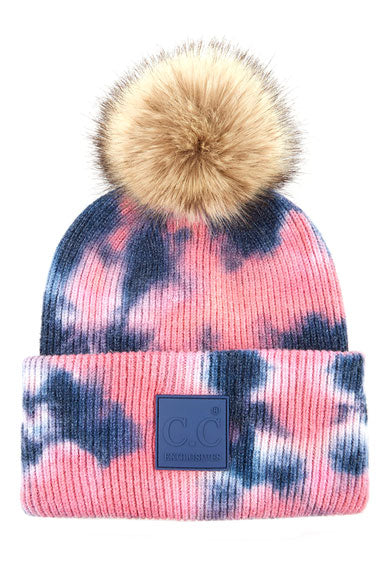 C.C Tie Dye Beanie With Rubber Patch With Natural Fur Pom