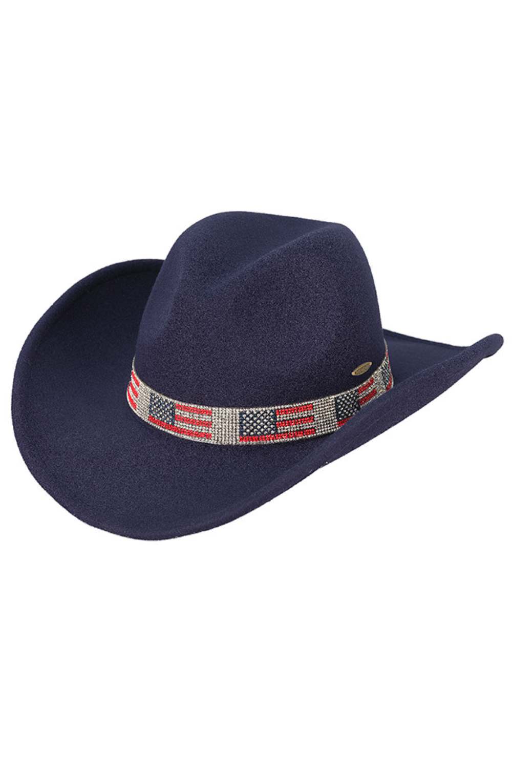 Navy Elevate your Western wardrobe with this C.C Cowboy Hat, featuring a striking US American flag rhinestone trim band. Crafted from 100% polyester vegan felt, it delivers a luxurious suede-like feel with exceptional durability. Whether you're dressing up for an event or adding flair to everyday looks, this statement piece makes an unforgettable impression.