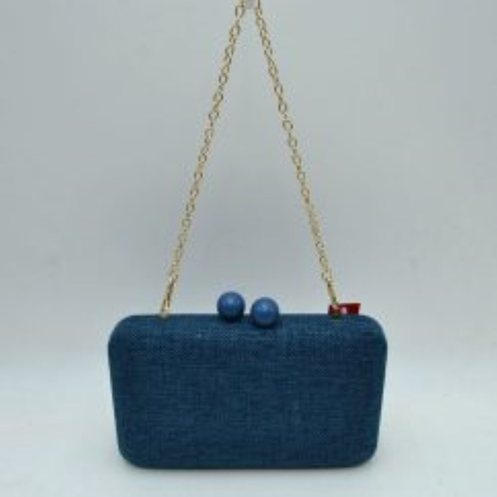Navy blue This elegant box clutch bag features a textured woven finish & a structured rectangular silhouette w/ rounded corners, making it ideal for special occasions or everyday styling. The secure top opening is fastened w/ an eye-catching double bead clasp mechanism, ensuring your daily essentials are safely tucked away. Equipped w/ a delicate, metallic chain-link shoulder strap that attaches to integrated rings, this evening-ready accessory offers a classic look & convenient hands-free carrying options.