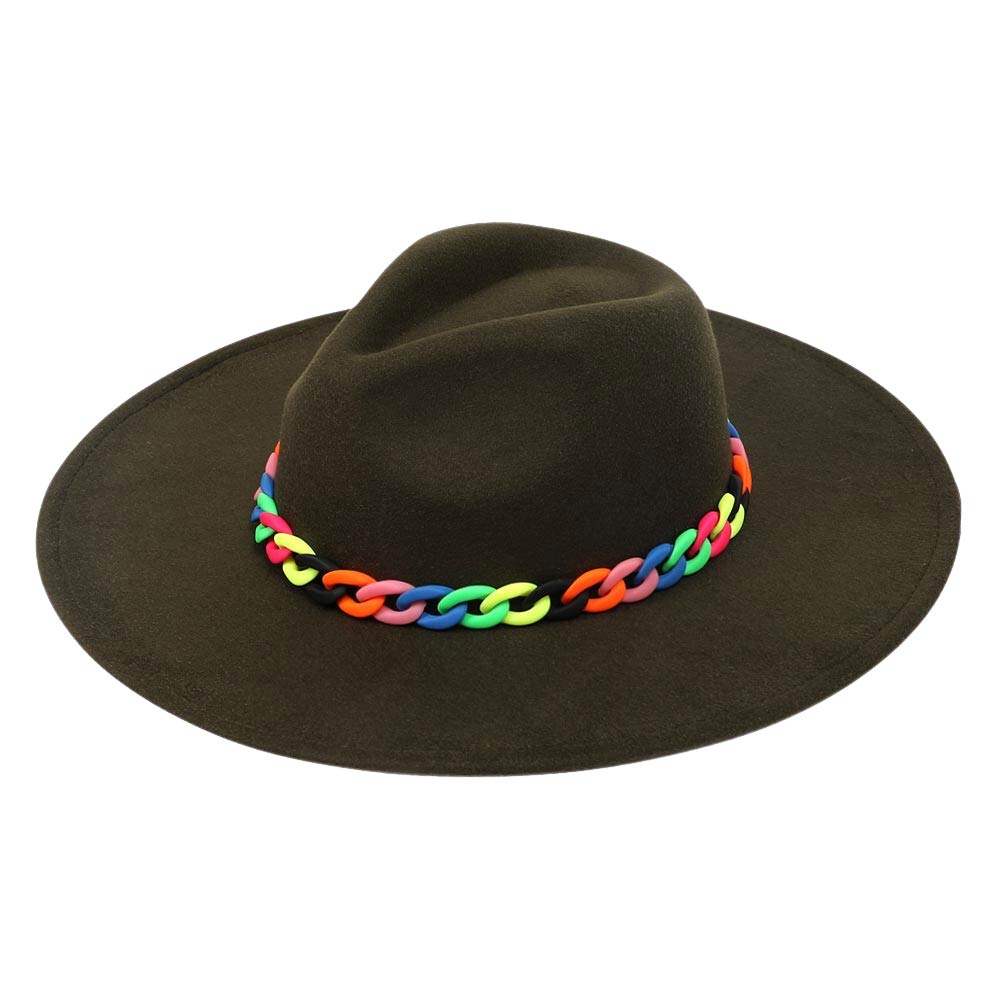 Olive Colorful Chain Accented Solid Panama Hat, a beautiful & comfortable Panama hat is suitable for summer wear to amp up your beauty & make you more comfortable everywhere. Perfect for keeping the sun off your face, neck, and shoulders. It's an excellent gift item for your friends & family or loved ones this summer.