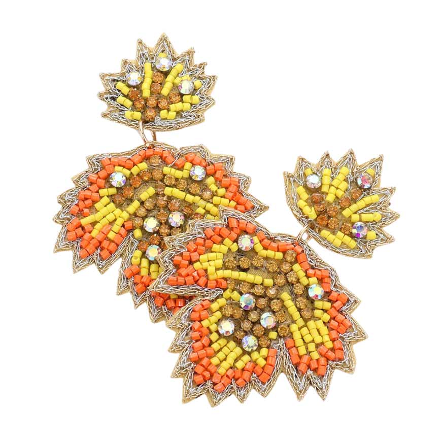 Orange Felt Back Stone Beaded Maple Leaf Dangle Earrings, these earrings are fun handcrafted jewelry that fits your lifestyle, adding a pop of pretty color. Enhance your attire with these vibrant artisanal earrings to show off your fun trendsetting style. Great gift idea for your wife, mom, or your loving One.