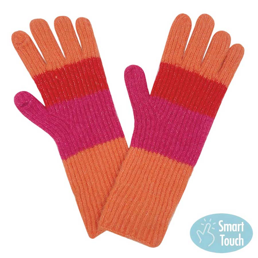 Orange Fuzzy Contrast Stripe Long Smart Touch Gloves, Keep your hands warm and comfortable with these. Made with premium fabric, they are designed to keep your hands warm while still allowing for full fingertip control of tablets and phones. The extra-long length ensures that your wrists are also protected from the cold.