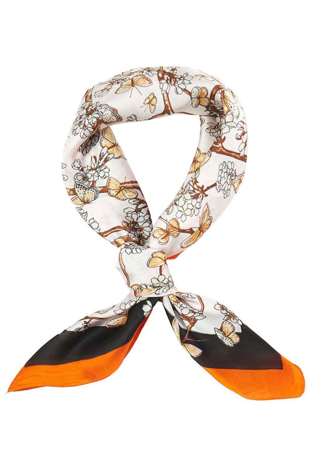 Orange Embrace effortless summer style with this lightweight bandana scarf, featuring a vibrant butterfly and floral print. Crafted from 100% polyester, it's breathable and perfect for warm weather wear. The generous 27.5" x 27.5" square size offers versatility wear it as a headscarf, neck wrap, or tie it to your bag for a pop of color. Easy to care for and designed for everyday comfort, this scarf transitions seamlessly from beach days to casual outings.