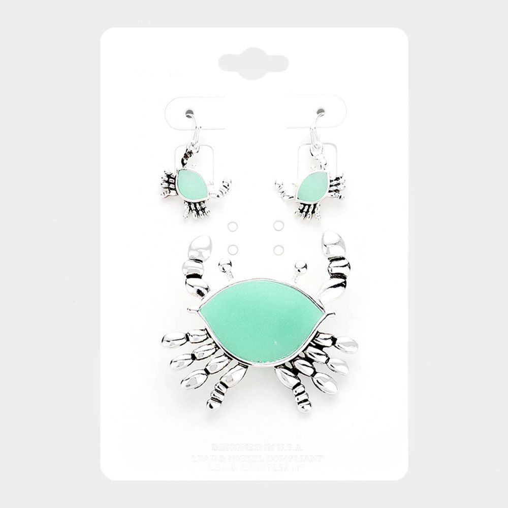 Antique Silver, Turquoise Sea Glass Detail Metal Crab Magnetic Pendant Set