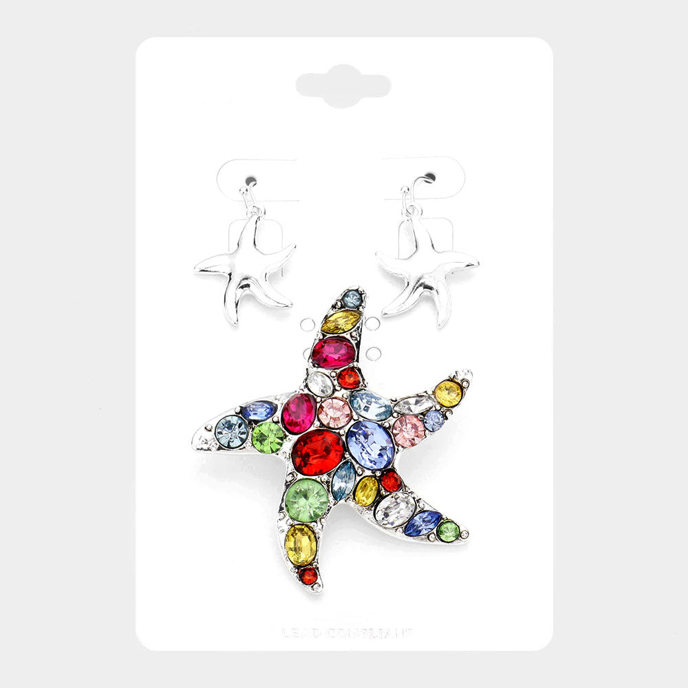 Antique Silver, Multi Multi Stone Starfish Magnetic Pendant Set