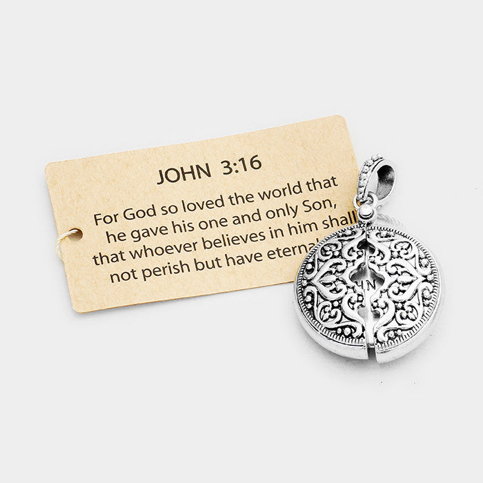 Madeline Love Worn Silver "John 3:16" Filigree Round Locket Pendant - Pendant Sets