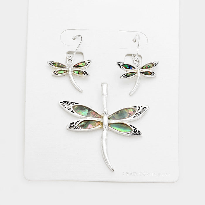 Madeline Love Abalone, Silver Abalone Dragonfly Pendant Set - Pendant Sets