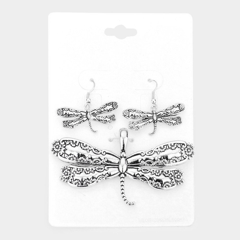 Madeline Love Antique Silver Antique metal spoon handle dragonfly pendant set - Pendant Sets