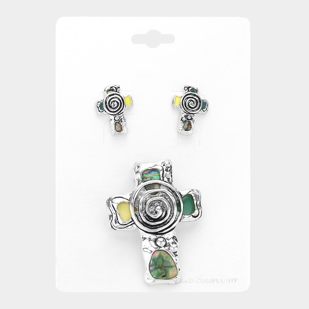 Madeline Love Silver Abalone Metal Spiral Cross Pendant - Pendant Sets