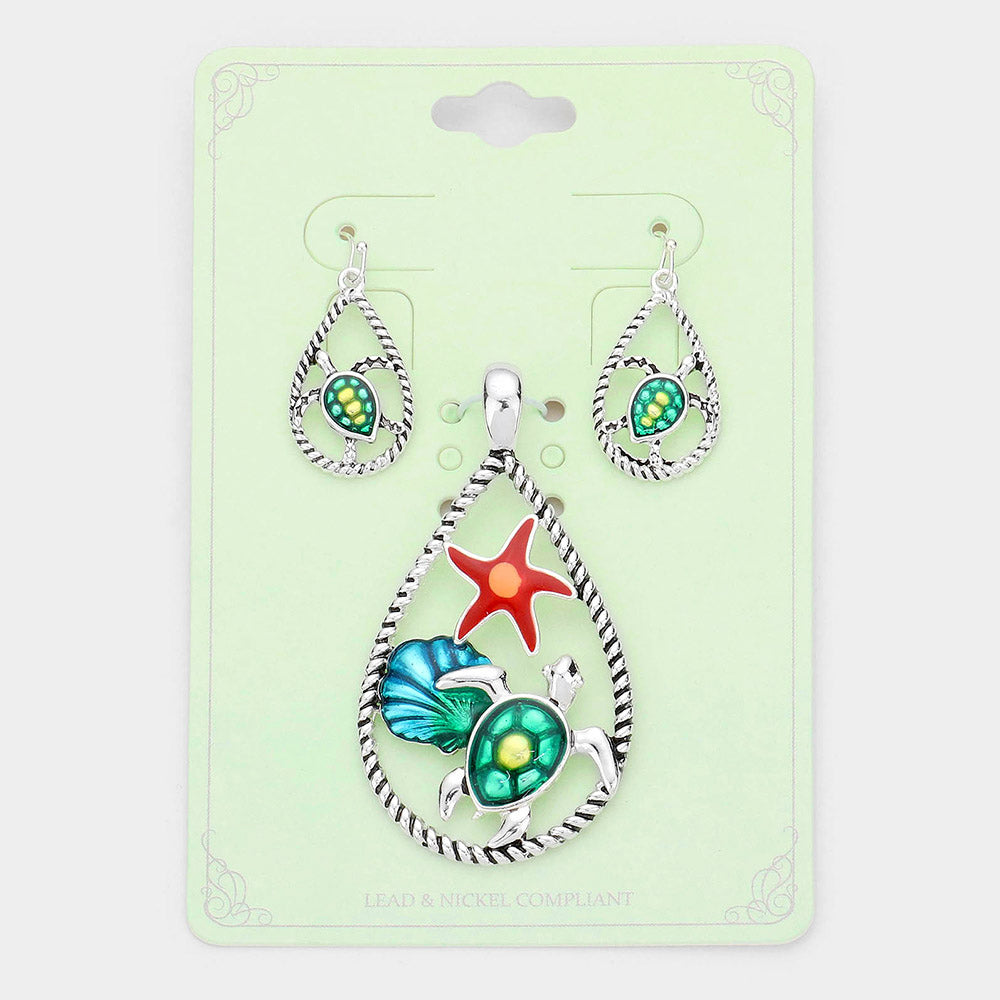 Madeline Love Antique Silver, Multi Enamel Starfish Shell Turtle Accented Open Teardrop Pendant Set - Pendant Sets