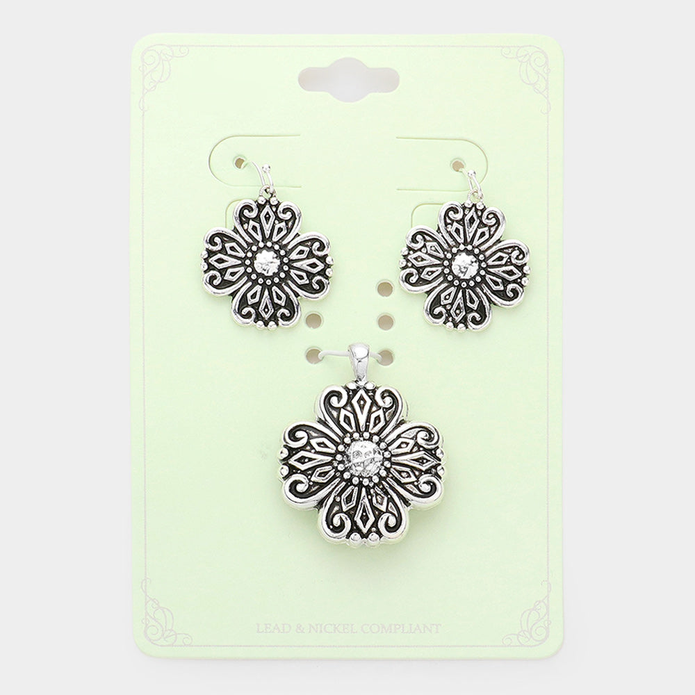 Madeline Love Antique Silver Embossed Antique Metal Quatrefoil Pendant Set - Pendant Sets