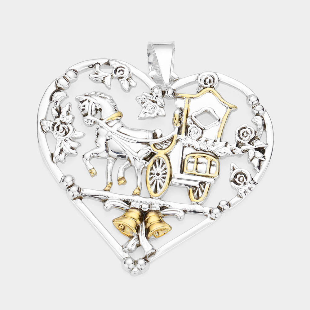 Madeline Love Two Tone Metal Carriage Christmas Jingle Bell Accented Heart Pendant - Pendant Sets
