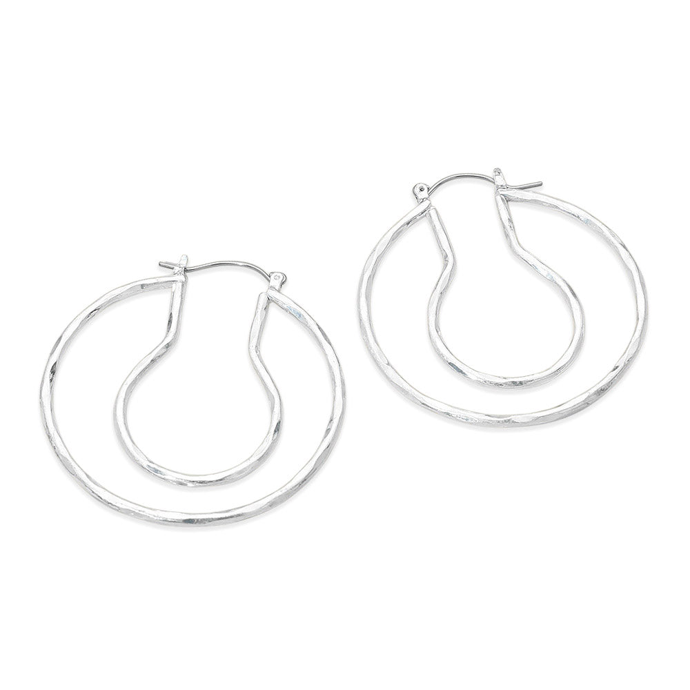 Madeline Love Worn Silver Hammered Metal Organic Layered Pin Catch Hoop Earrings - desc
